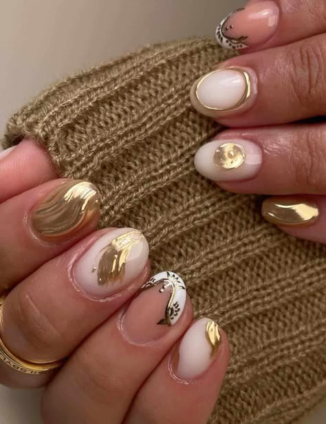 Mushroom Nail Art, Greek Goddess Nails, Nails Sns, Goddess Nails, Disco Nails, Fall Leaves Nail Art, Fall Nails Design, Nails For Fall, Gold Nail Polish