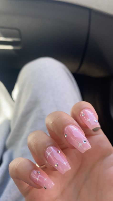 Cute Nail Ideas With Gems, Pink Jelly Nails With Glitter, Birthday Nails Pink And Silver, Cute Nails Gems, Nails Inspo For Birthday, Pink Nail Inspo With Gems, Y2k Nails With Gems, Pink Nail Y2k, Cute Nail Designs Y2k