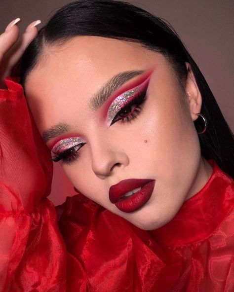 Red Rave Makeup Ideas, Silver Eye Red Lip, Red And Silver Eyeshadow Looks, Red Silver Makeup, Red Soft Glam Makeup, Red Cut Crease Eyeshadow, Bold Red Makeup, Red And Silver Makeup, Red Eye Shadow Looks