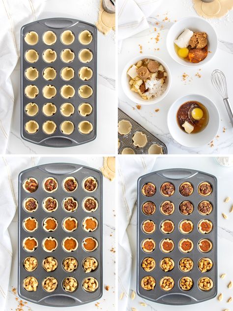 One-Pan Mini Thanksgiving Pies by The BakerMama Thanksgiving Desserts Mini Pies, Baking With Kids Thanksgiving, One Pan Mini Thanksgiving Pies, Friendsgiving Baking Ideas, One Pan Mini Pie Bites, Mini Pie Bites Desserts, Pies In Cupcake Tins, Pie Cupcakes Ideas, Mini Thanksgiving Food