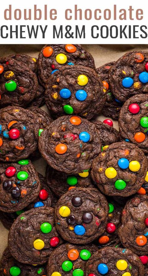 Soft Batch Chocolate M&m Cookies, Chocolate M&m Cookies Recipes, Chocolate Mm Cookies, Chocolate Mnm Cookies, Double Chocolate Christmas Cookies, Double Chocolate M&m Cookies, Chocolate Monster Cookies, Chocolate M And M Cookies, Chocolate Cookies With M&ms