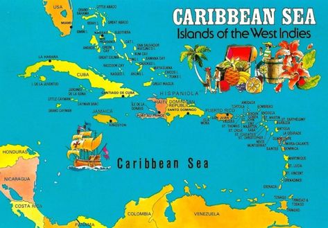 Caribbean Island Map Carribean Map, Map Of The Caribbean, Caribbean Islands Map, Caribbean Decor, Great Exuma, Cayman Brac, The Caribbean Islands, Puerto Rico History, Lesser Antilles