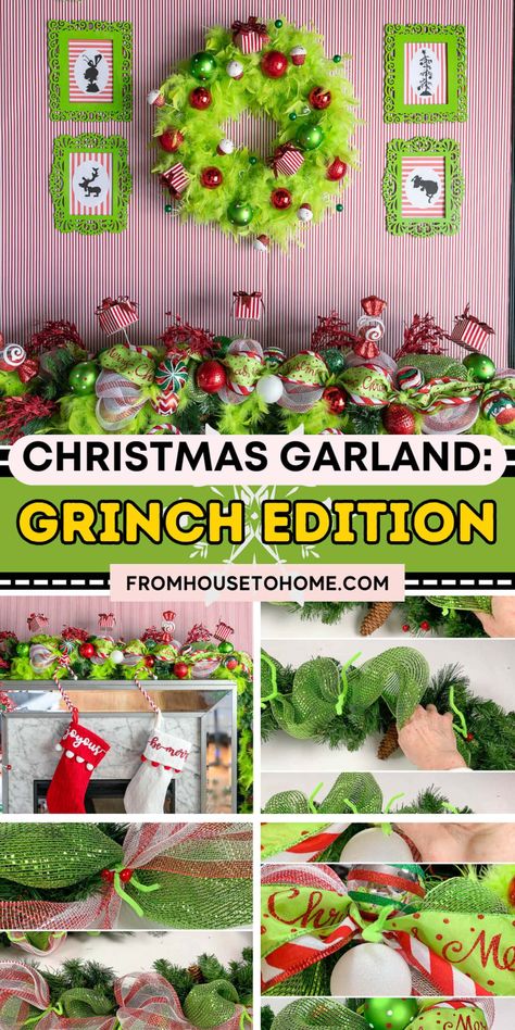 DIY Grinch Garland &#8211; A Step-By-Step Tutorial | Christmas Grinch Garland Diy, Grinch Garland, Ornament Garland Diy, Christmas Pictures With Lights, Diy Glam Decor, Whoville Christmas Decorations, Diy Grinch, Grinch Wreath, Lime Green Ribbon