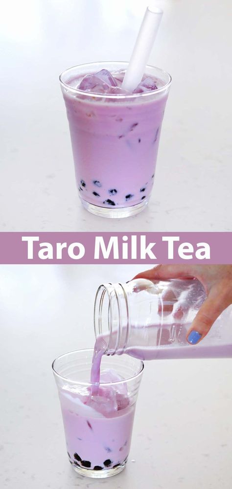 Taro Milk Tea - A Beautiful Mess Taro Powder, Taro Milk Tea, Taro Root, Purple Drinks, Boba Pearls, Fancy Cocktails, Beautiful Mess, Simple Syrup, Milk Tea