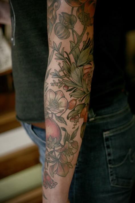 Women Floral Sleeve Tattoo, Jamie Tattoo, Vegetable Tattoo, Herb Tattoo, Peach Tattoo, Herb Wreath, Botanical Tattoos, Green Tattoos, Garden Tattoos