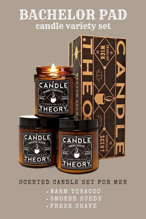 BACHELOR PAD 3 candle variety set for men: Warm Tobacco, Smoked Suede and Fresh Shave. Great for that man in your life! New dads, Father's Day, Christmas, birthdays, celebrations, job promotions and more! Candle Theory Man Cave Stuff Men Candles Set of 3, Crackling Candles Man Cave Home Decor Woodwick 4 Oz Candels Gift Men Manly Candles Men Scented Warm Tobacco Cigar Smoked Suede Fresh Shave Wood Wick Men Candles, Manly Candles, Man Cave Stuff, Man Candle, Man Cave Homes, Cave Home, Job Promotion, Buy Candles, Jar Candles