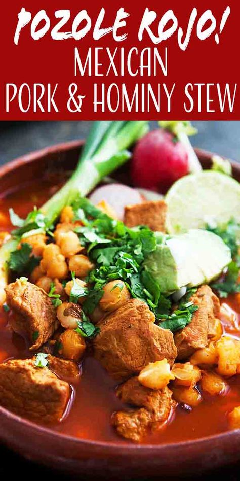 Pozole Rojo! Traditional Mexican pozole (posole) is a rich, brothy soup made with pork, hominy, and red chiles. Pile your bowl with toppings like shredded cabbage, radishes, cilantro, lime, and avocado! #MexicanFood #Posole #Pozole #Hominy #Soup Red Posole Recipe, Authentic Pozole, Pozole Recipe Pork, Red Posole, Hominy Stew, Brothy Soup, Mexican Pozole, Hominy Soup, Pork Posole