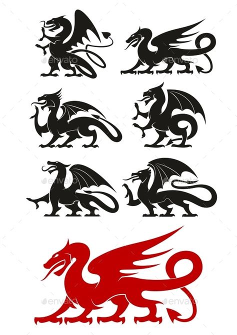 Medieval Black Heraldic Dragons Animals - Monsters Characters Black And Red Icons, Medieval Symbols, Dragon Medieval, Medieval Pattern, Heraldry Design, Medieval Dragon, Medieval Decor, Dragon Silhouette, Dragon Icon