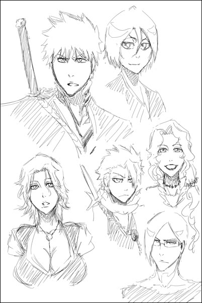 Bleach - Ichigo, Ishida, Toshiro, Rukia, Masaki and Rangiku Bleach Character Sheet, Tite Kubo Art Style, Bleach Manga Art, Bleach Character Design, Bleach Sketch, Bleach Art Style, Bleach Reference, Tite Kubo Art, Kubo Art