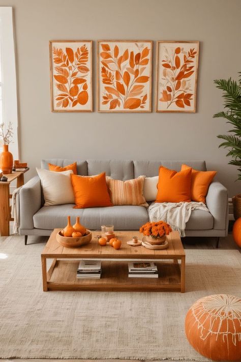 Are you thinking about brightening up your living room but unsure how to incorporate a bold color like orange? Do you want to add a touch of warmth and energy to your space without going  .. Orange Living Room Decor Ideas, Burnt Orange Living Room Decor, Orange Accents Living Room, Grey And Orange Living Room, Orange Living Room Decor, Home Wall Color, Room Decor Orange, Living Room Decor Orange, Burnt Orange Living Room