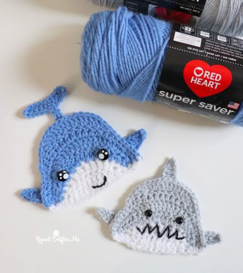 Crochet Whale and Shark Applique - Repeat Crafter Me Shark Applique, Bernat Super Value Yarn, Applique Patterns Free, Crochet Applique Patterns, Crochet Shark, Crochet Appliqué, Crochet Whale, Crochet Applique Patterns Free, Repeat Crafter Me