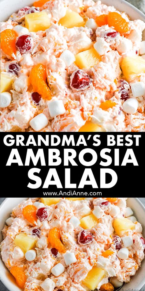 Ambrosia Salad Best Ambrosia Salad, Ambrosia Salad Recipe, Marshmallow Salad, Real Whipped Cream, Fruit Salad With Marshmallows, Ambrosia Recipe, Ambrosia Fruit Salad, Best Fruit Salad, Cookout Side Dishes