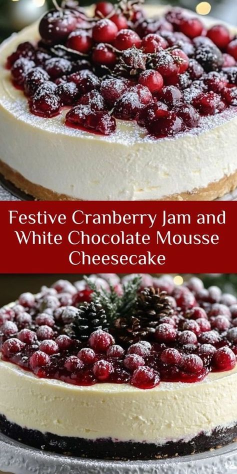 Elevate your holiday table with this festive cranberry jam and white chocolate mousse cheesecake! 🍰✨ A creamy dessert featuring tangy cranberries and rich white chocolate, it’s perfect for Christmas or Thanksgiving gatherings. Easy to make and visually stunning, this cheesecake is a holiday showstopper. #HolidayCheesecake #CranberryDessert #WhiteChocolateLovers #FestiveBaking #ChristmasRecipes 🎄🍴 Cranberry Cheesecake Topping, Easy Cranberry Cheesecake, Elegant Christmas Desserts, Cranberry White Chocolate Cheesecake, Cranberry Cheesecake Recipes, White Chocolate Mousse Recipe, Chocolate Mousse Cheesecake, Mousse Cheesecake, Cranberry White Chocolate