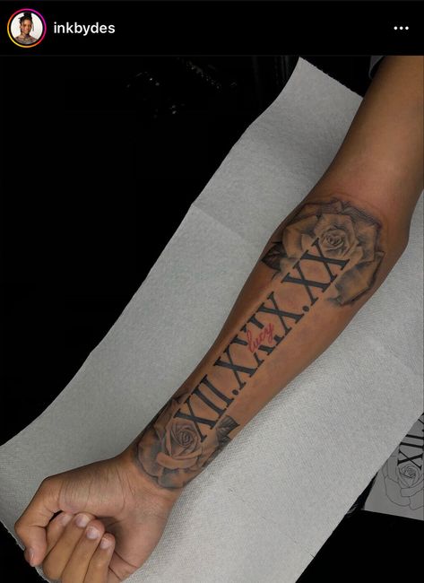 Arm Sleeve Tattoos For Black Guys, Forearm Meaningful Tattoos, Fore Arm Tattoo Men Simple, Asthetic Tattoos Ideas Men Forearm, Memorial Date Tattoos Roman Numerals, Long Live Tattoos For Men Forearm, Rare Tattoos Men Chest, Male Arm Tattoos Forearm, Tattos For Teens Boy