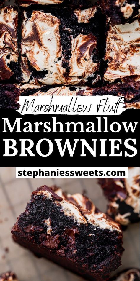 These fudgy marshmallow brownies are ultra fudgy and full of chocolate chips. Brownies and marshmallow fluff are all swirled together before baking. Deserts Recipes Brownies, Baking Recipes Desserts Chocolate, Deserts Using Marshmallows, Dessert Brownies Recipes, Best Sweet Treats, Marshmallow Cream Brownies, Baking With Marshmallow Fluff, Brownie Recipes Marshmallow, Brownies With Fluff