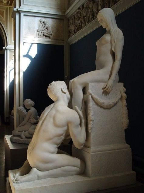 Couple Statue Aesthetic, Man Bowing To Woman Statue, Lovers Statue Art Sculptures, Human Touch Aesthetic, Man Kissing Woman Leg Statue, Dark Statue Aesthetic, Man Bowing Down To Woman, Man On Knees, Eros Aesthetic