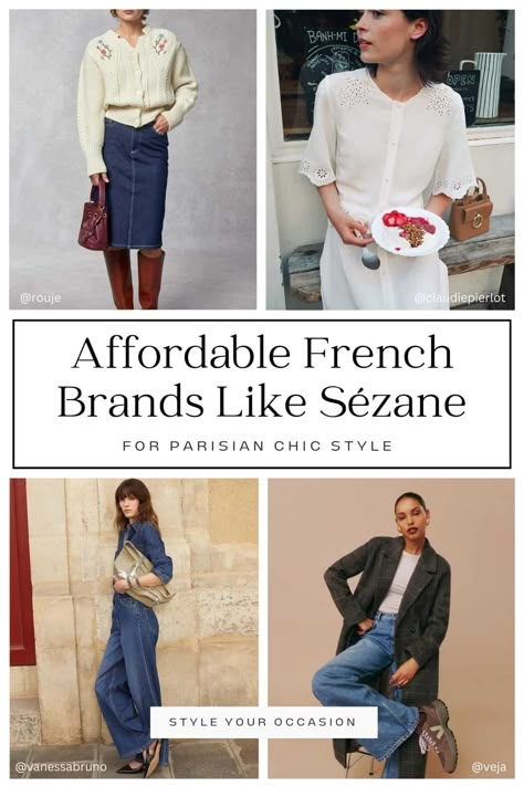 Looking to shop some affordable French clothing brands? You'll love my list of 2024 stores and brands like Sezane that are budget-friendly! Spring French Girl Outfits, Casual French Style Winter, French Girl Style Spring 2024, Classic Capsule Wardrobe French Style, Spring French Style, French Cowgirl Aesthetic, Sezane Spring Outfits, Sezane Spring 2024, Feminine Edge Style