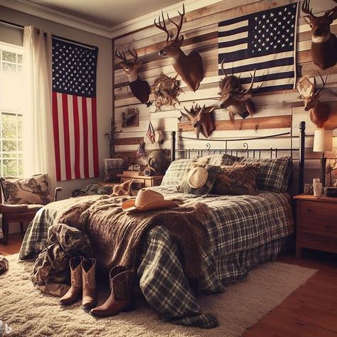 A country bedroom with American flags, cowboy hats, animal heads, and a lot of camouflage decor - Image Creator from Microsoft Bing Hunter Bedroom Ideas, Western Bedroom Ideas For Men, Cowboy Room Ideas, Boys Western Bedroom Ideas, Room Decor Ideas Country, Hunting Bedroom Ideas For Men, Country Room Colors, Cowboy Themed Bedroom, Western Room Decor Men