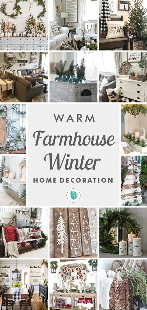 25-warm-farmhouse-winter-home-decoration5 Winter Farmhouse Printables, Winter Entertainment Center Decor, Cozy Winter Living Room Decor Ideas, Winter Rustic Decor, Minimal Winter Decor, Winter Cottage Decor, Winter Home Decor Ideas, Farmhouse Winter Decor After Christmas, Post Christmas Decor Winter