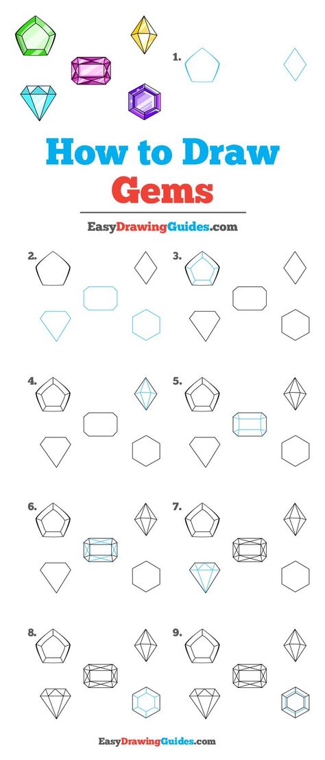 Learn How to Draw Gems: Easy Step-by-Step Drawing Tutorial for Kids and Beginners. #Gems #drawingtutorial #easydrawing. See the full tutorial at https://easydrawingguides.com/how-to-draw-gems/. Jewelry Design Drawing For Beginners, Emerald Drawing Gem, Jewel Drawing Sketches, How To Draw Gemstones Step By Step, How To Draw Diamonds Step By Step, How To Draw Diamonds, Jewel Drawing Tutorial, Jewelry Drawing Easy, Gem Painting Tutorial