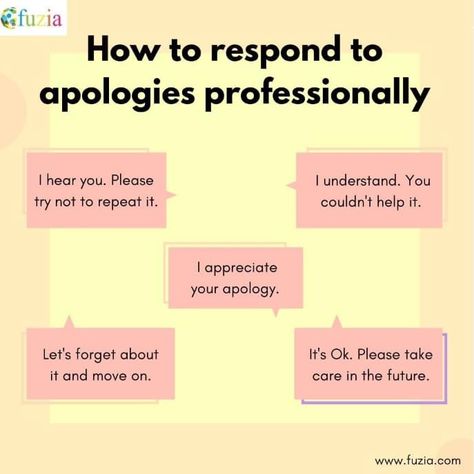 Responding to apologies can be challenging and uncomfortable at times, especially when it has to be at a professional level. So, how do you answer an apology from a colleague or an employee without sounding rude? Here are some ways to help you! To learn some more tips on office etiquettes, click on the link in bio! #respondingtoapologies #professionalettiquette #corporateettiquette #apologies #informationalpost #corporatemanners #professionalmanners #officeettiquette #corporatetips #profession How To Politely Tell Someone To Shut Up, How To Reply To An Apology, How To Sound More Intelligent, How To Respond To An Apology Text, How To Respond To An Apology, How To Sincerely Apologize, Apology Response, How To Respond To How Are You, Responses To How Are You