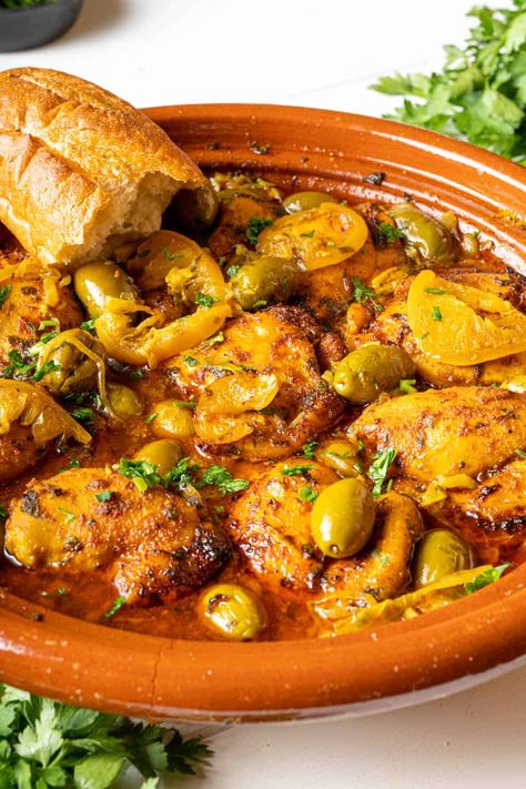 Moroccan Lemon Olive Chicken, Chicken Moroccan Recipes, Moroccan Tajine Chicken, Slow Cooker Chicken Tagine, Moroccan Chicken And Couscous Recipes, Morrocan Food Chicken Couscous, Moroccan Chicken Tagine Recipes, Tagine Pot Recipes, Moroccan Grilled Chicken