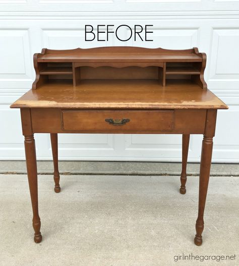 Mismatched vintage chair and desk makeover - by Girl in the Garage Antique Writing Desk Makeover, Small Desk Makeover, Refinishing Desk, Wooden Chair Redo, Painted Antique Desk, Antique Desk Makeover, Small Antique Desk, Vintage Desk Makeover, Girls Desk Chair