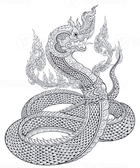 Naga of Doodle in Thai Art Style with Hand-Drawn Line Art in the Religions of Buddhism and Hinduism Naga Dragon Tattoo, Thai Naga Tattoo, Naga Tattoo Thai, Naga Tattoo, Thai Naga, Phaya Naga, Buddhism Tattoo, Arm Tattoo Sleeve, Burmese Language