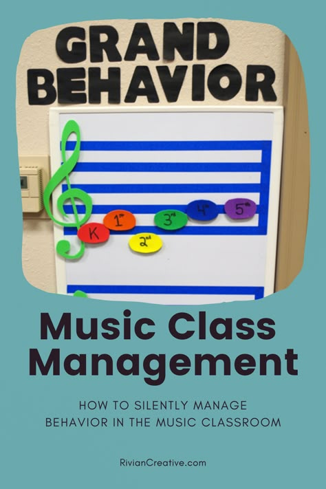 Grand Behavior - Music Classroom Management Tool When a music class is misbehaving, or their behavior isn’t “grand” – they lose a letter at the whiteboard. If later they show me behavior that is “grand” they can earn a letter back. At the end of class time, if they still have all of their letters they have had “Grand Behavior” and they get to move up a spot on the grand staff. Read more on our blog! RivianCreative.com/Grand-Behavior Music Behavior Chart, Music Behavior Management, Music Class Behavior Management, Music Class Aesthetic, Elementary Music Bulletin Board Ideas, Elementary Music Classroom Setup, Elementary Music Teacher Ideas, Music Class Rules, Classroom Management Songs