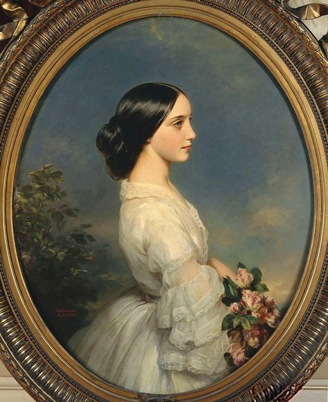 1860 Carmen Aguado, duchesse de Montmorency by Franz Xaver Winterhalter (Châteaux de Versailles et de Trianon - Versailles, Île-de-France, France) entire portrait From godsandfoolishgrandeur.blogspot.com:2013 10 01 archive.html Franz Xaver Winterhalter, Woman In White, Portrait Of A Woman, Old Paintings, Victorian Art, Classical Art, Rococo, Victorian Era, Classic Art