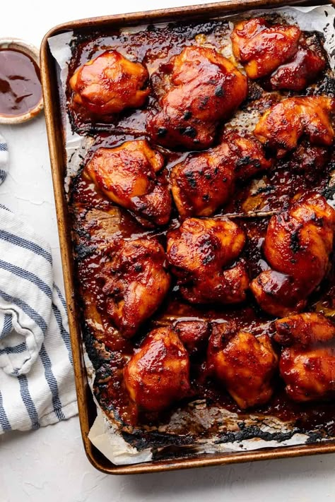 Baked BBQ Chicken Thighs - All the Healthy Things Bbq Thighs In Oven, Bbq Baked Chicken Thighs, Bbq Chicken Thigh Recipes, Oven Baked Bbq Chicken Thighs, Bbq Chicken Thighs In Oven, Baked Chicken Thighs Boneless, Oven Bbq Chicken Thighs, Skinless Chicken Thigh Recipes, Baked Barbeque Chicken