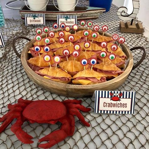 shark party crab sandwiches Crab Party Food, Crab Shaped Food, Ocean Theme Appetizers, Crab Themed Food, Crab Fest Party Ideas, Crab Theme Birthday Party, Crab Themed Party, Crab Party Ideas, Crab Birthday Party Ideas