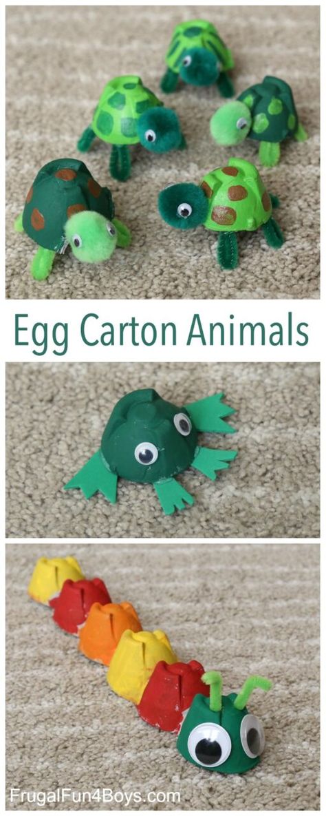 Adorable Egg Carton Turtle Craft (And a Caterpillar and Frog too!) - Frugal Fun For Boys and Girls Egg Carton Animals, Turtle Craft, Caterpillar Craft, Turtle Crafts, Fun Projects For Kids, Egg Carton Crafts, Folding Origami, Camp Crafts, Kids Craft Ideas