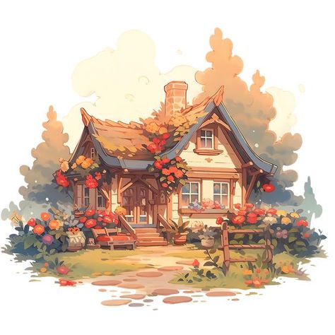 Cozy Cottage Drawing, Cozy Cottage Art, Cottage Core House Drawing, Cottagecore Concept Art, Cottagecore Digital Art, Flower House Drawing, Cozy House Drawing, Witch Cottage Drawing, Cottage House Drawing