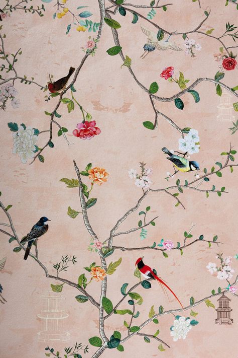 Anna Hayman Designs Gold & Black Bibana Wallpaper | Rockett St George Ink Wallpaper, Chinoiserie Patterns, Chinoiserie Prints, Modern Chinoiserie, Tea Wallpaper, Pink Floral Wallpaper, Chinoiserie Design, Blush Wallpaper, Rockett St George