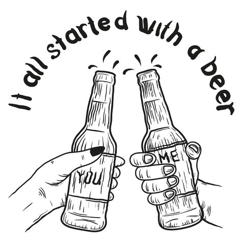 It all started with a beer #beer #alcohol Alcohol Doodles, Beer Tattoo Ideas, Alcohol Tattoo, Beer Doodle, Beer Drawing, Beer Bottle Art, Beer Tattoos, Couples Doodles, Partner Tattoos