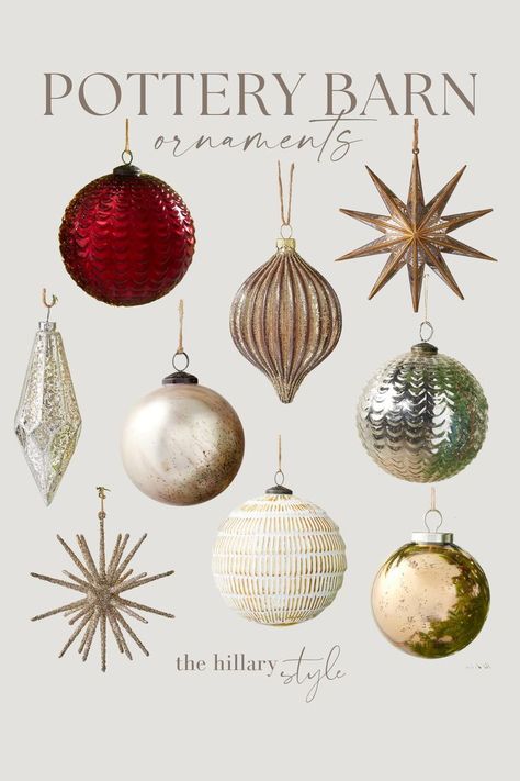 Pottery Barn Ornaments, Mercury Ornaments, Pottery Barn Christmas Tree, Gold Christmas Tree Decorations, Pottery Barn Christmas, Modern Christmas Ornaments, Star Ornaments, Star Tree, Country Christmas Decorations