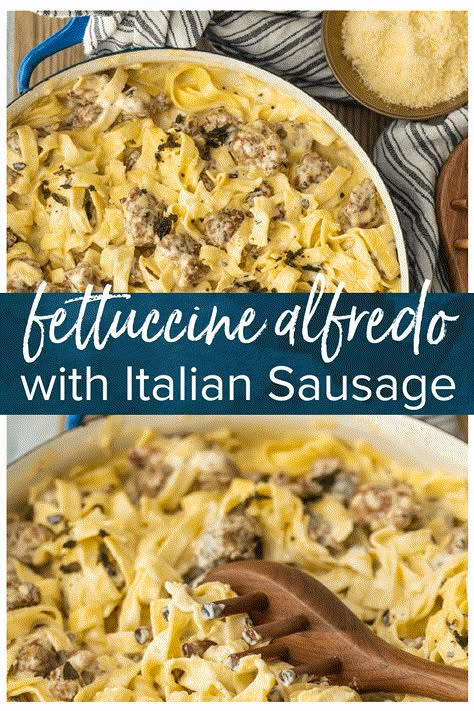 This SAUSAGE ALFREDO recipe is a tasty mix of classic Fettuccine Alfredo and spicy Italian Sausage. A lot of fettuccine recipes feature chicken or seafood, but there just aren't enough Sausage Pasta Recipes out there. This Italian Sausage Pasta recipe is the perfect pasta dish for your next dinner! #alfredo #fettuccini #pasta #italian #thecookierookie #sausage #creamy #pasta via @beckygallhardin Alfredo With Italian Sausage, Creamy One Pot Spaghetti With Italian Sausage, Sausage Alfredo Pasta Recipes, Italian Sausage Alfredo Pasta, Recipes For Dinner Sausage, Italian Sausage Alfredo, Sweet Sausage Recipes, Mild Italian Sausage Recipes, Ground Italian Sausage Recipes