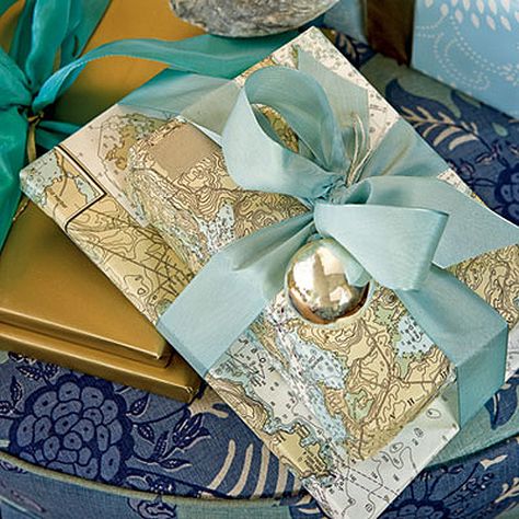 Design and Paper | DIY Maps part.II | http://www.designandpaper.com Map Wrapping Paper, Map Crafts, Nautical Christmas, Beachy Christmas, Themed Christmas, Gift Wrap Ideas, Creative Gift Wrapping, Wrap Ideas, Coastal Christmas