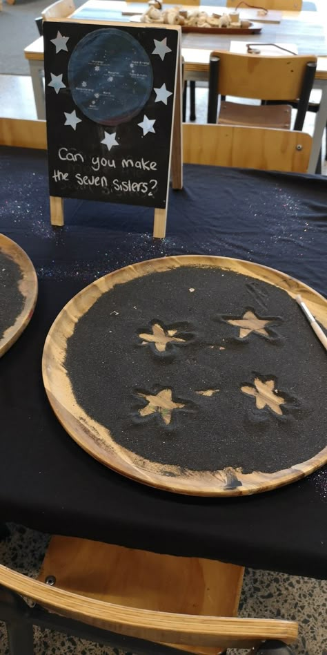 Sand Provocation, Matariki Activities For Preschoolers, Matariki Art For Kids, Matariki Early Childhood, Matariki Crafts, Matariki Activities, Matariki Art, Preschool Tables, Space Preschool