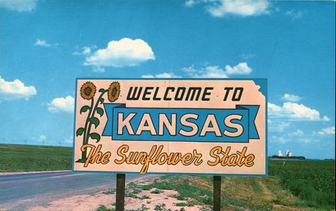 Welcome Sign on Kansas Highway Kansas Aesthetic, State Signs, Wichita Kansas, American Gothic, Postcard Art, Wichita Ks, Kansas State, We're Back, The Sunflower