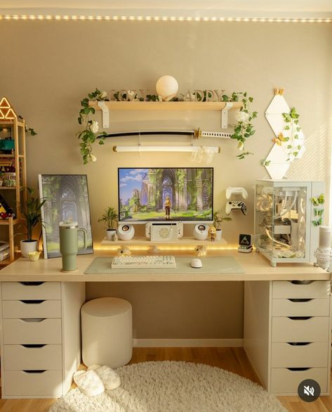 White Gaming Setup With Plants, Nintendo Switch Gaming Setup Aesthetic, Gamer Interior Design, Green And White Pc Setup, Pc Room Aesthetic, Beige Desk Setup, Room Ideas For Gamers, Neutral Desk Setup, White Pc Setup Aesthetic