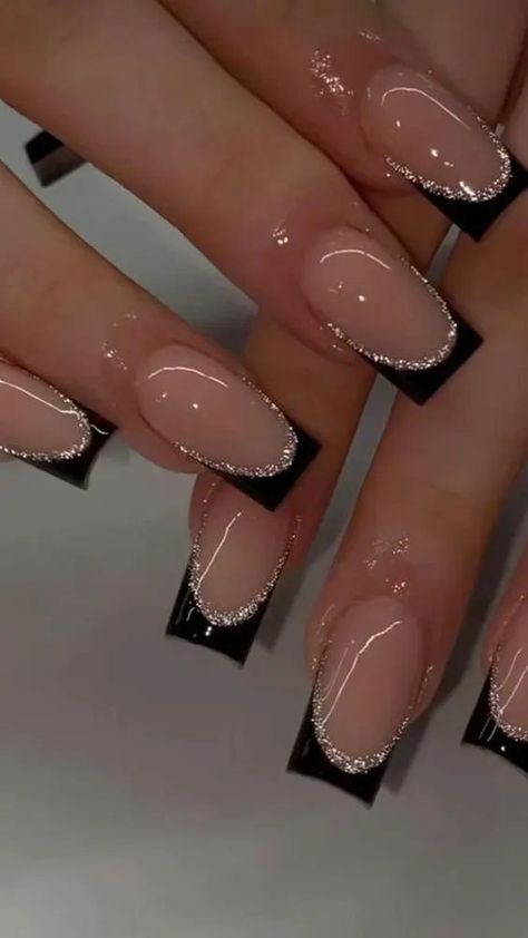 #nails #nailArt #manicures Black French Tip Acrylic Nails With Gems, French Christmas Nail Designs, Black Nails French Tip With Gems, Simple Anime Nail Designs, Elegant Black French Tip Nails, Elegant Black Nails French Tips, Sparkly Black French Tip Nails Coffin, Nagel Inspiration, Classy Black Nails