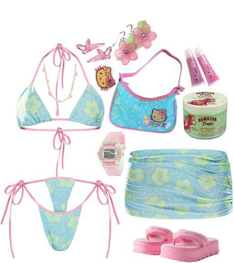 Key West Kitten Clothes, Key West Kitten Nails, Tropical Core Clothes, Coconut Core Outfit, Key West Kitten Aesthetic Outfits, Tropicore Outfits, Gyaru Bathing Suit, Keywestkitten Outfits, Beach Gyaru Outfits