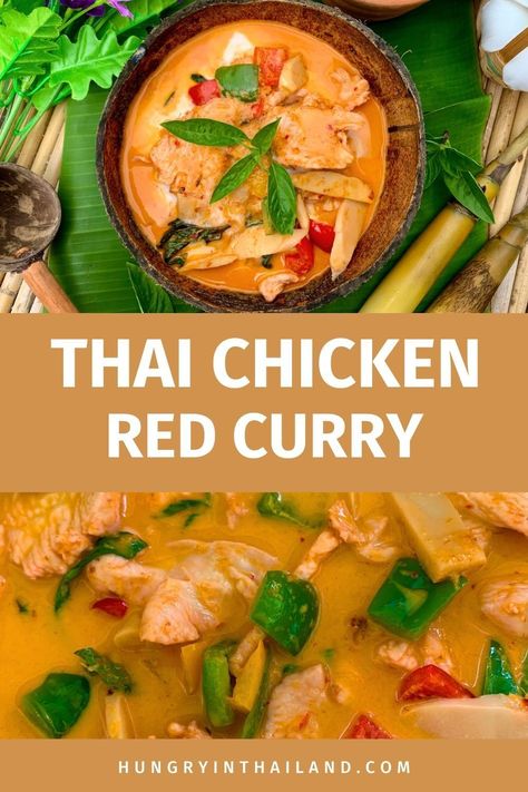 Make a quick and tasty Thai chicken red curry with our simple recipe! With coconut milk and red curry paste, this easy dish can be served over rice or rice noodles for a spicy meal that's full of authentic flavors. Chicken Red Curry Recipe, Recipes Using Red Curry Paste, Red Curry Chicken Recipes, Red Thai Curry Chicken, Thai Red Curry Chicken Recipe, Chicken Red Curry, Thai Peanut Curry, Red Curry Paste Recipe, Rice And Stew