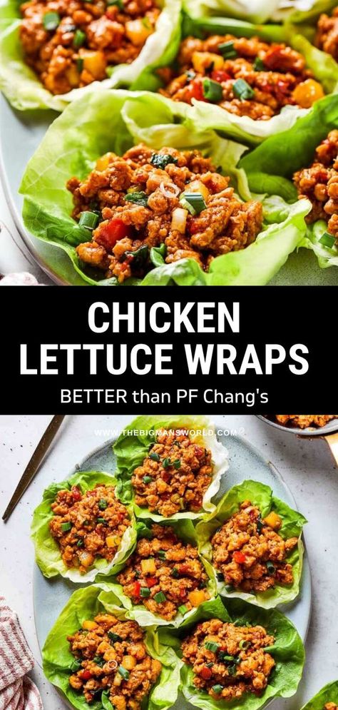 These chicken lettuce wraps are loaded with seasoned chicken cooked in a blend of Asian flavors, then wrapped in fresh and crunchy lettuce. Each bite is loaded with flavor, making it the perfect appetizer or light entree! Lettuce Chicken Tacos, Lettuce Tacos Chicken, Lettuce Wraps With Ground Chicken, Orange Chicken Lettuce Wraps, Healthy Asian Lettuce Wraps, Lettuce Wrap Chicken Tacos, Sweet Chili Chicken Lettuce Wraps, This Chicken Lettuce Wraps, Blta Chicken Lettuce Wraps