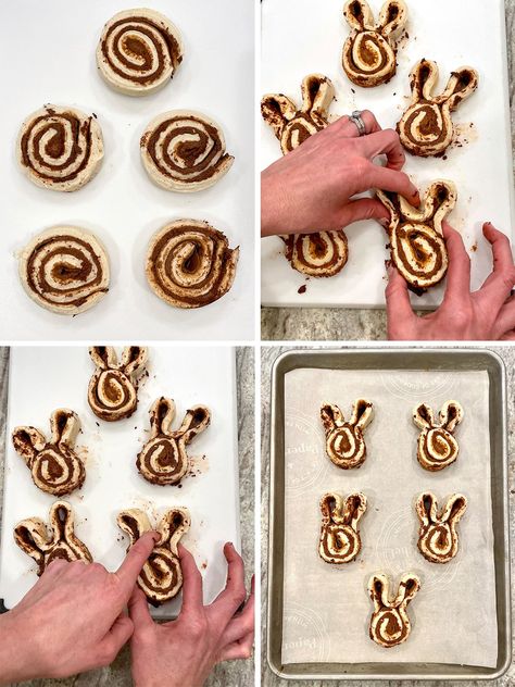 Cinnamon Roll Easter Bunny, Easter Bunny Cinnamon Rolls From Can, Easter Bunny Breakfast Ideas, Easter Bunny Croissants, Homemade Bunny Cinnamon Rolls, Easter Brunch Kids Food, Bunny Cake For Easter, Easter Cinnamon Rolls Bunnies, Easter Breakfast Pastries