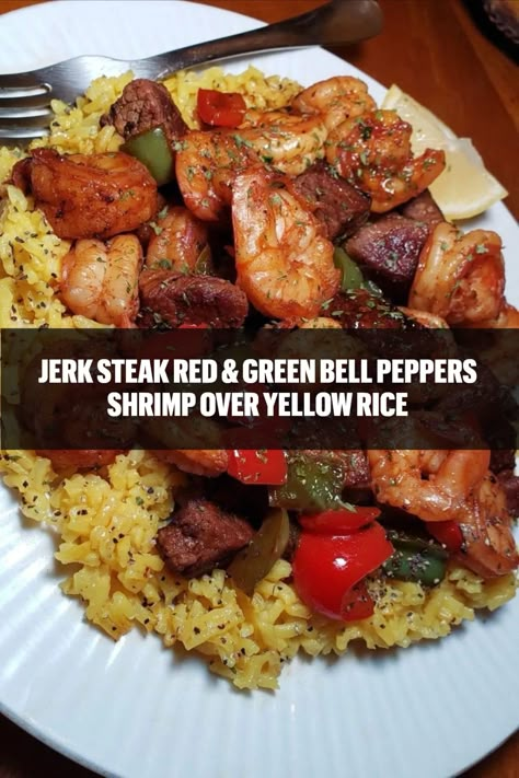 A photo of Jerk Steak Red & Green Bell Peppers Shrimp over Yellow Rice served in a bowl Jerk Steak And Shrimp, Jerk Chicken And Shrimp Over Yellow Rice, Yellow Rice And Shrimp, Jerk Steak And Shrimp Over Yellow Rice, Jerk Steak, Yellow Rice Recipe, Shrimp Meals, Flavored Rice Recipes, Jerk Shrimp