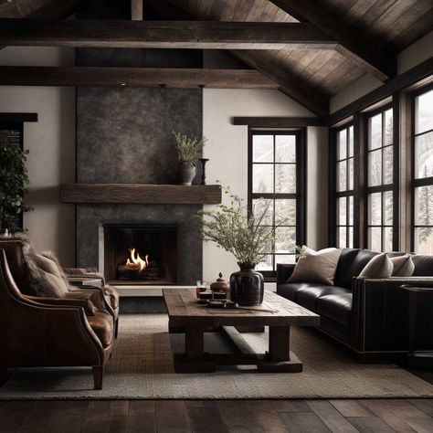 Moody Living Room Light Walls, Dark Interior Living Room, Dark And Moody Interior Design, Rustic Moody Living Room Ideas, Light Moody Living Room, Dark Wall Living Room Ideas, Dark Floors Living Room, Dark Gray Living Room Ideas, Dark Brick Fireplace