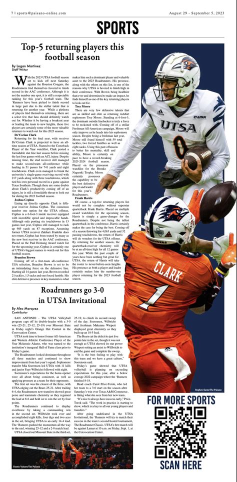 Sports newspaper design for UTSA's The Paisano featuring Sports photography Sports Newspaper Design, Sports Newspaper Design Layout, Sports Newspaper, Newspaper Photography, News Layout, Newspaper Aesthetic, Olympic Winners, College Newspaper, Newspaper Design Layout